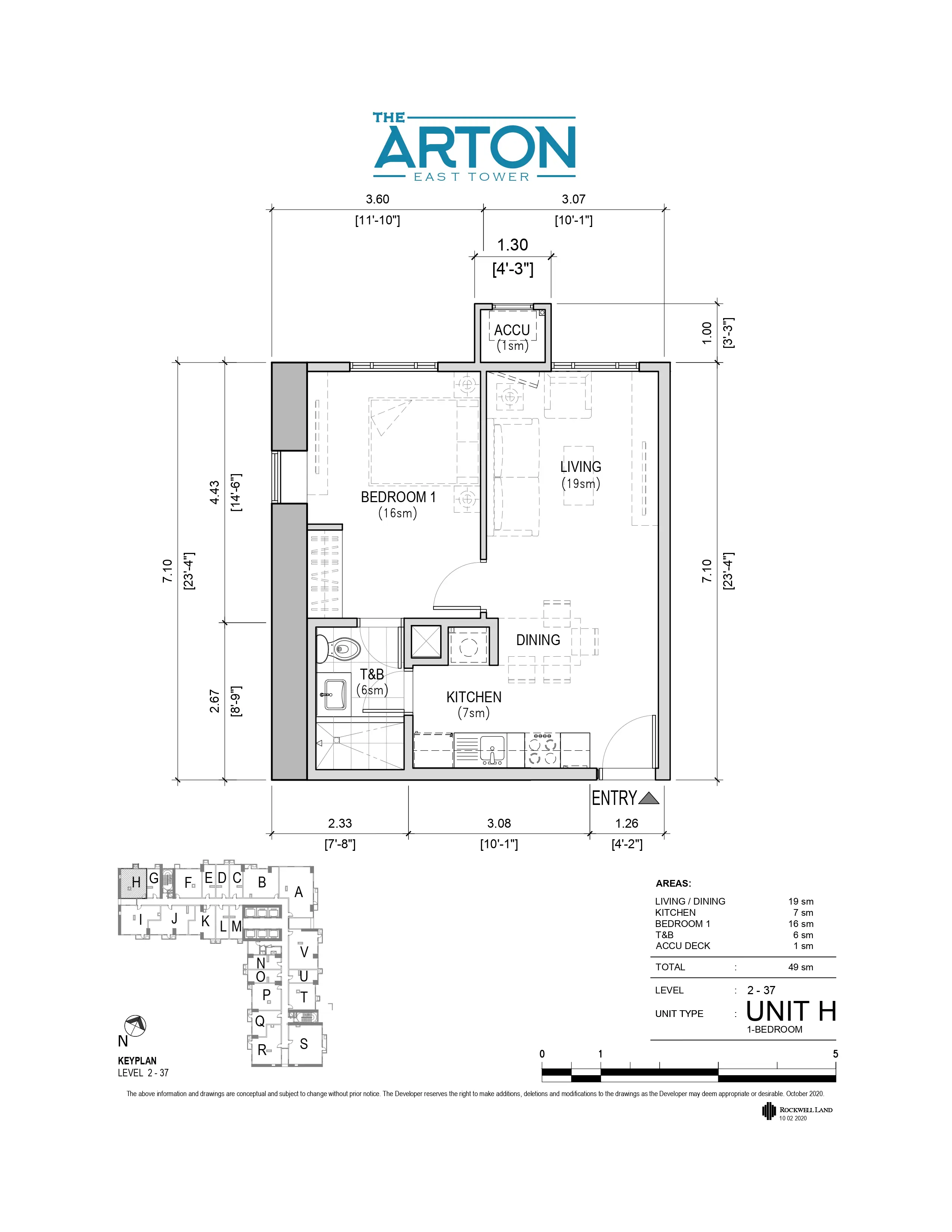 One-bedroom floor plan, Unit H, at The Arton — 49 sqm