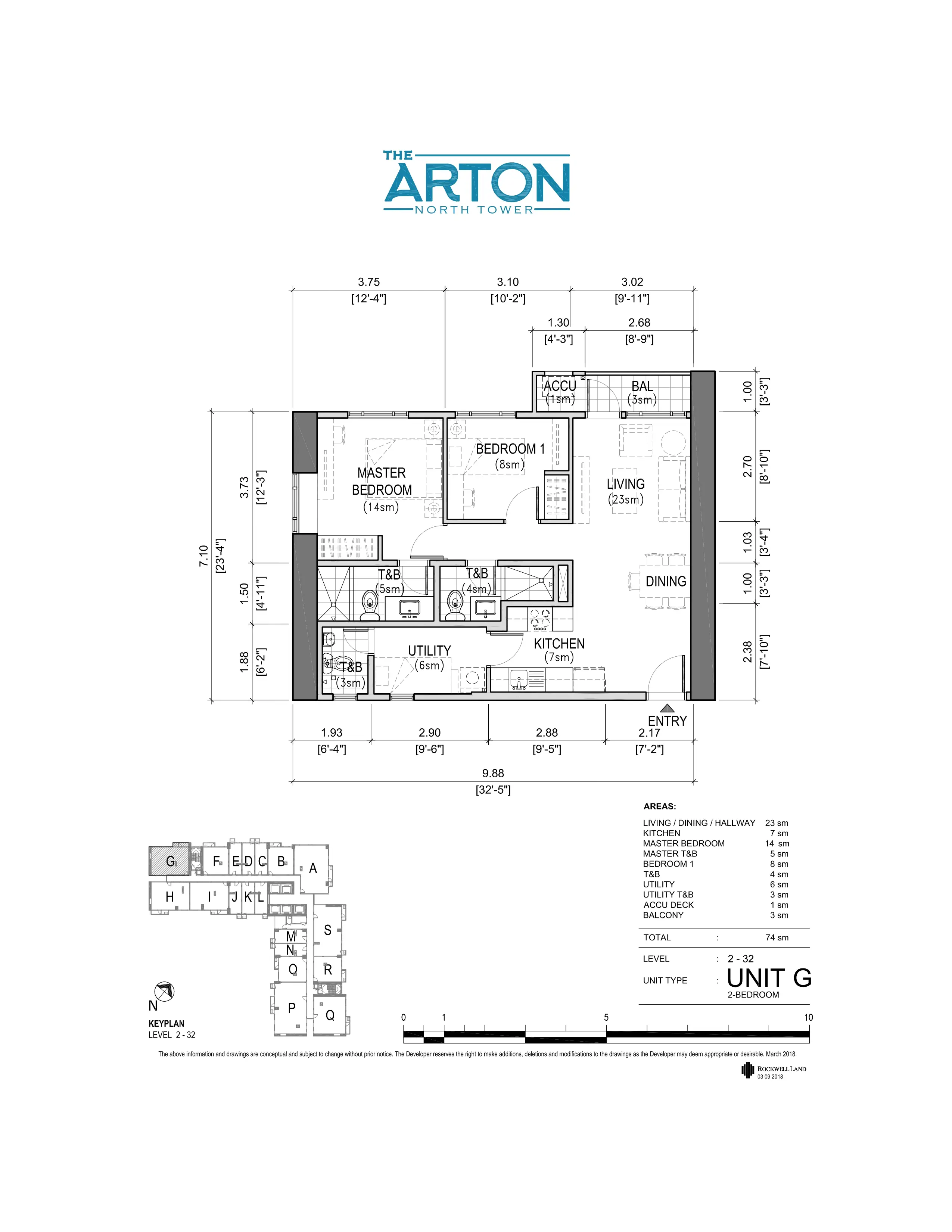 Two-bedroom floor plan, Unit G, at The Arton — 74 sqm