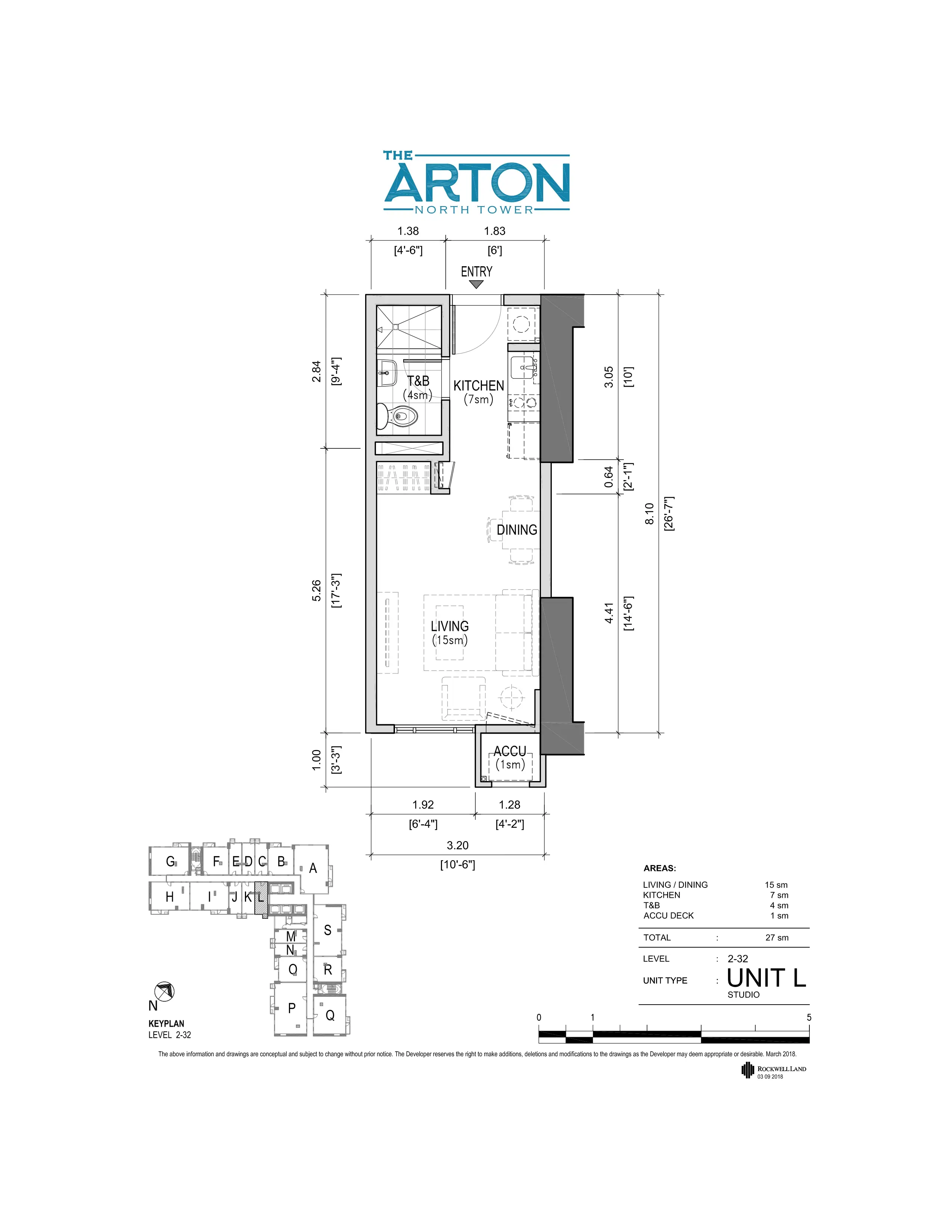 Studio floor plan, Unit L, at The Arton — 27 sqm